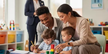 Parents and children in a modern childcare center, symbolizing new childcare benefits for working families.