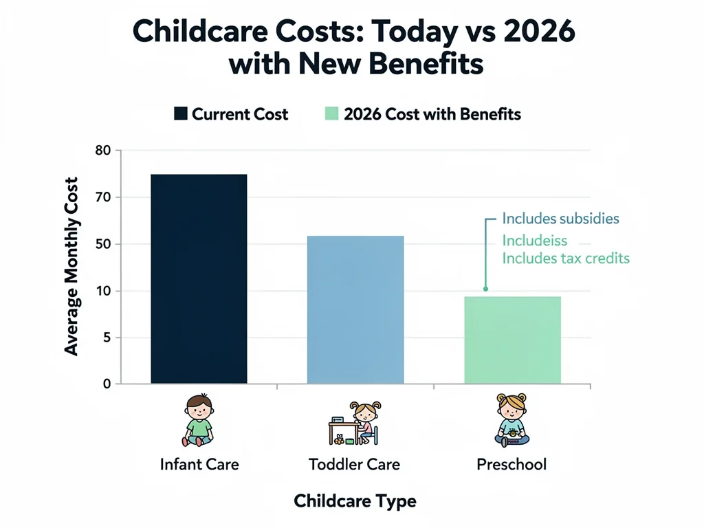 Infographic showing reduced childcare costs in 2026 due to new subsidies and tax credits.