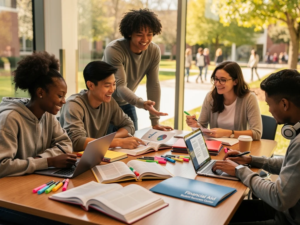 Diverse college students studying together, benefiting from financial aid