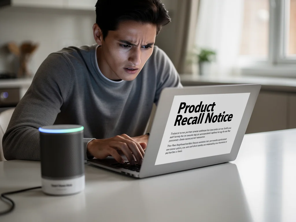 Consumer reviewing a smart home device recall notice on a laptop.