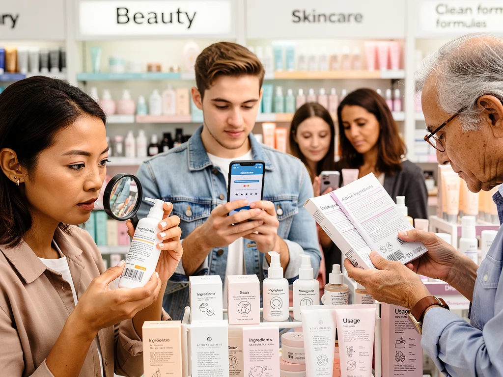Consumers carefully reading ingredient labels on beauty products in a store