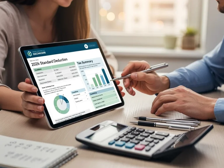 Couple reviewing tax documents for 2026 standard deduction