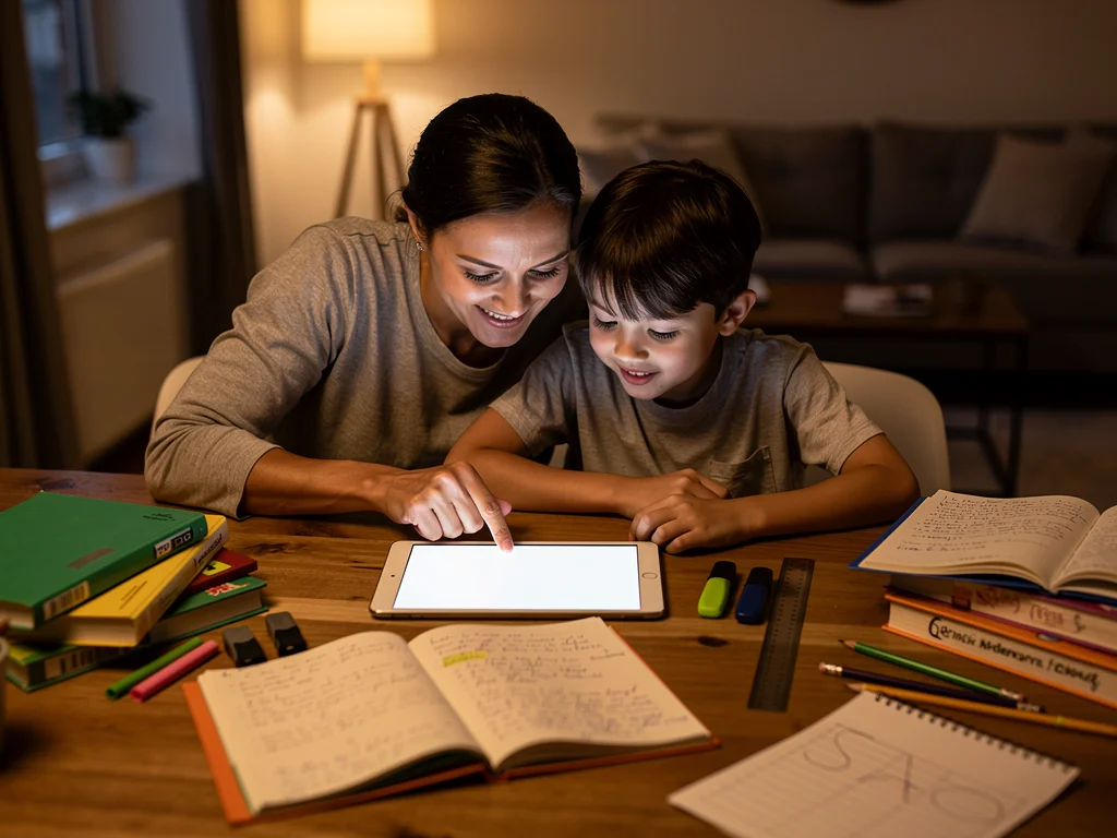 Parent and child using a tablet for digital learning, emphasizing at-home academic support.