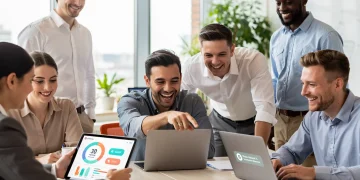 Diverse employees collaborating in a modern office, symbolizing well-being and productivity enhanced by EAPs.