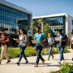 Diverse graduate students walking on a modern university campus, representing future academic pursuits.
