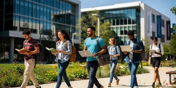 Diverse graduate students walking on a modern university campus, representing future academic pursuits.