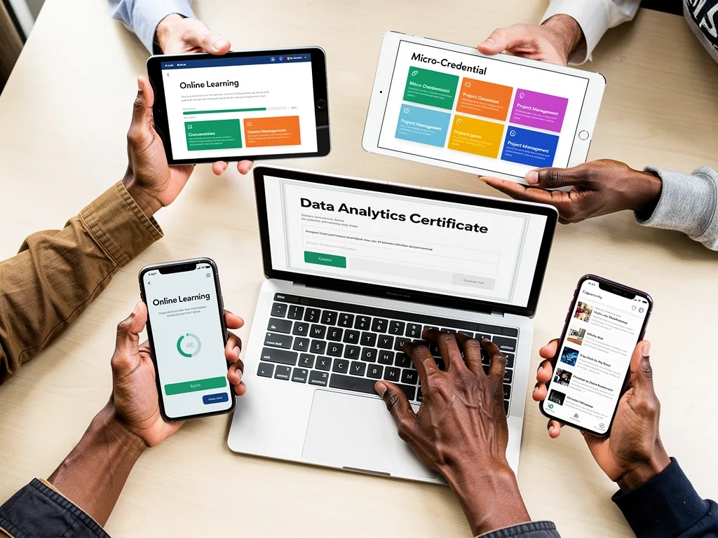 Diverse hands holding devices, showcasing micro-credential learning