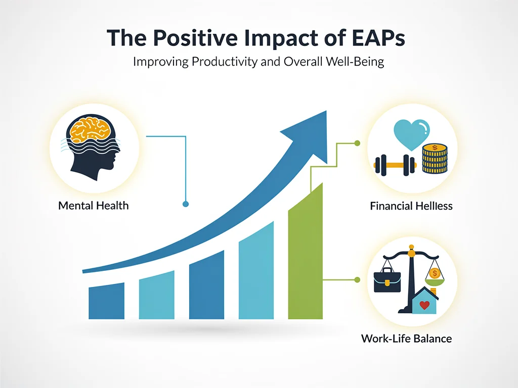 Infographic showing rising productivity with icons for mental, physical, financial, and work-life balance.
