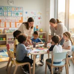 Children learning in a vibrant early childhood education classroom