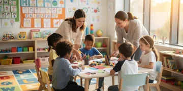 Children learning in a vibrant early childhood education classroom
