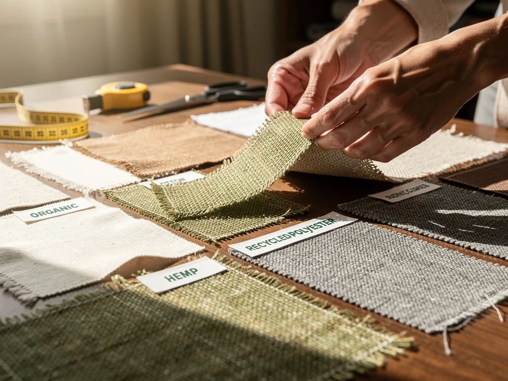 Hands examining eco-friendly fabric swatches, sustainable textiles