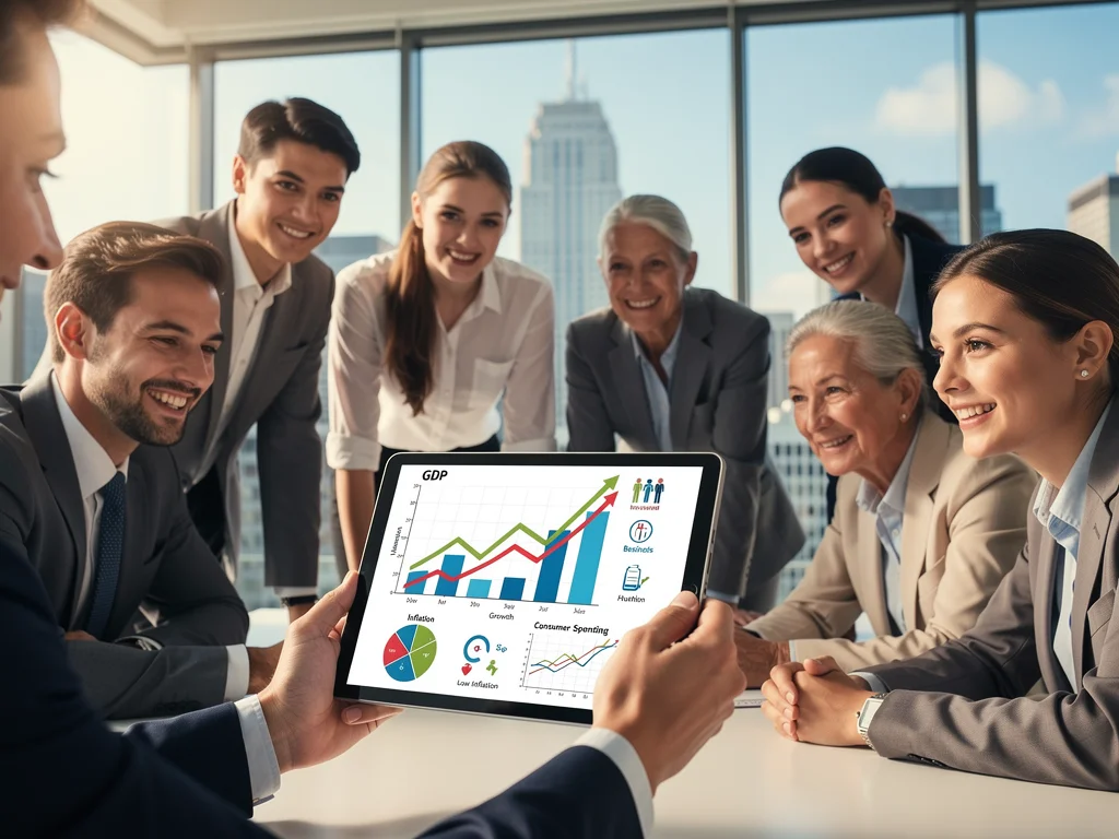 Diverse individuals observing positive economic data, reflecting confidence in stable monetary policy.