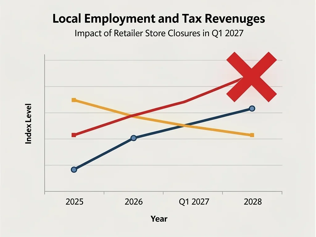 Graphic showing declining employment and tax revenue due to store closures.