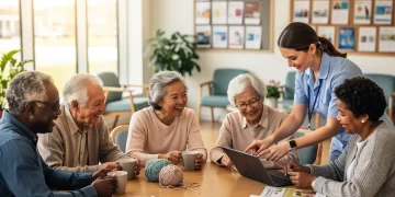 Seniors receiving support in a modern, welcoming community center, representing elder care benefits.