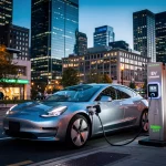 Modern electric car charging, symbolizing growth in EV market.