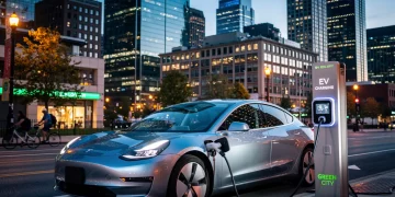Modern electric car charging, symbolizing growth in EV market.