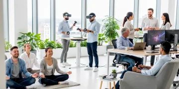 Employees enjoying modern non-traditional benefits in a contemporary office setting.