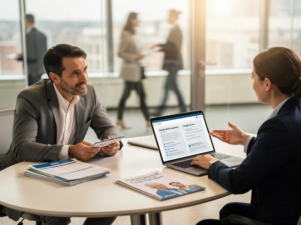 Employee consulting HR about employer-sponsored elder care benefits and caregiver support.