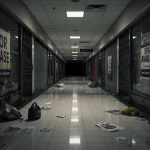 Empty shopping mall corridor with 'For Lease' signs, symbolizing retail decline.