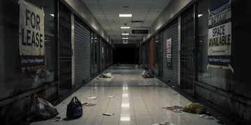 Empty shopping mall corridor with 'For Lease' signs, symbolizing retail decline.