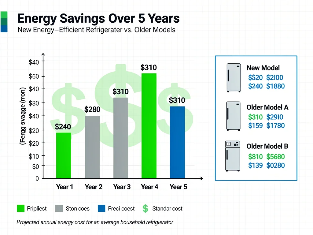 Infographic showing energy savings from new energy-efficient refrigerator models.