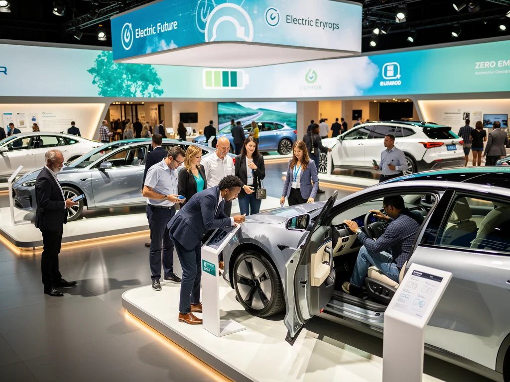 Consumers exploring electric vehicle models at an auto show.