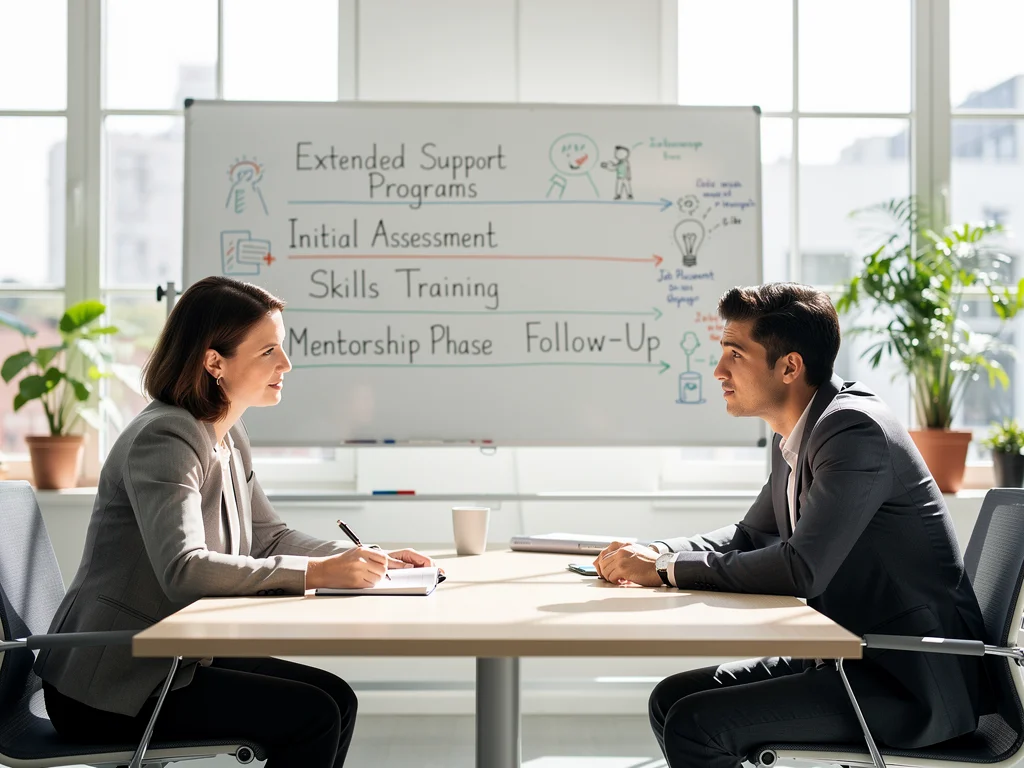 Job seeker discussing extended unemployment support with advisor