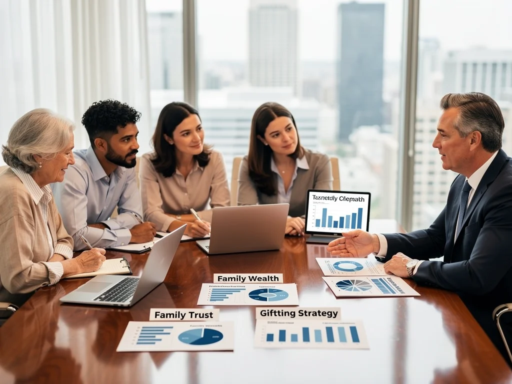 Family and financial advisor discussing estate planning and tax-efficient gifting strategies