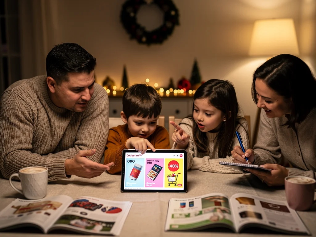 Family discussing online holiday shopping deals and budget