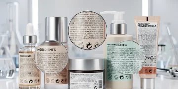 Detailed cosmetic product labels under scrutiny, representing new FDA regulations