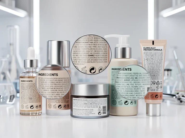Detailed cosmetic product labels under scrutiny, representing new FDA regulations