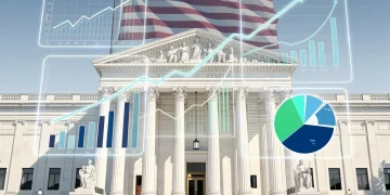 Federal Reserve building with economic data overlay, symbolizing stable interest rates until March 2026.