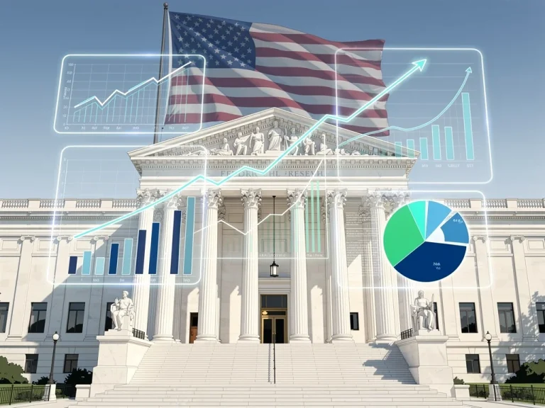 Federal Reserve building with economic data overlay, symbolizing stable interest rates until March 2026.