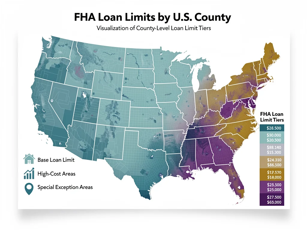 Infographic showing FHA loan limits by US county