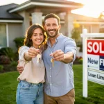 Couple holding keys in front of new home, symbolizing FHA loan success