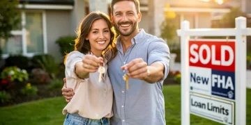 Couple holding keys in front of new home, symbolizing FHA loan success