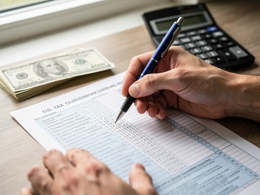 Person meticulously filling out tax forms for EITC claim.