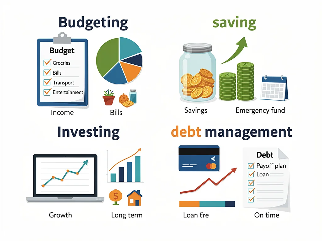 Infographic showing key financial literacy concepts for students