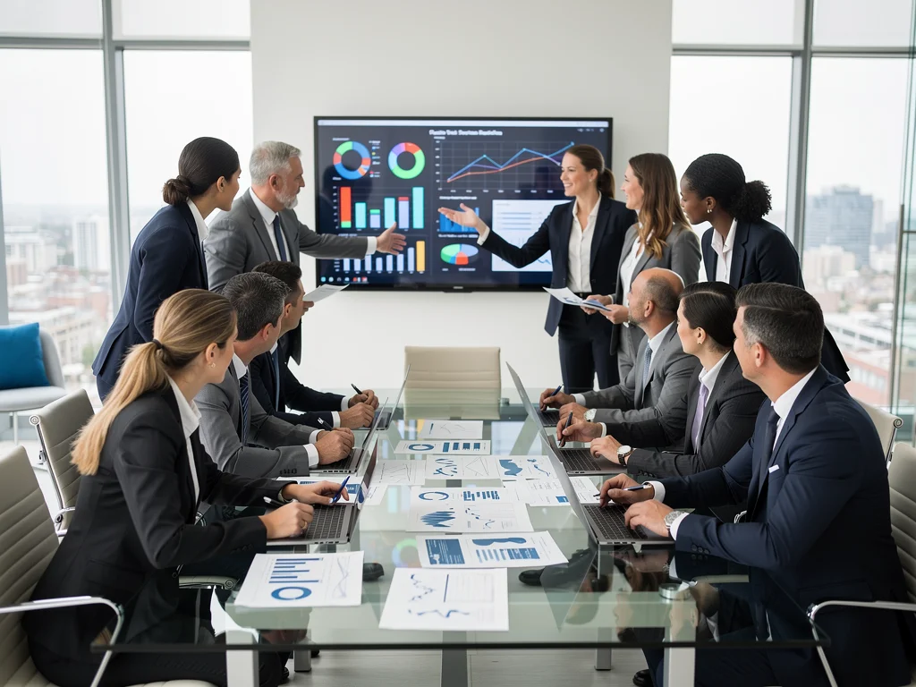Professionals discussing financial projections and retirement planning strategies in a modern office.