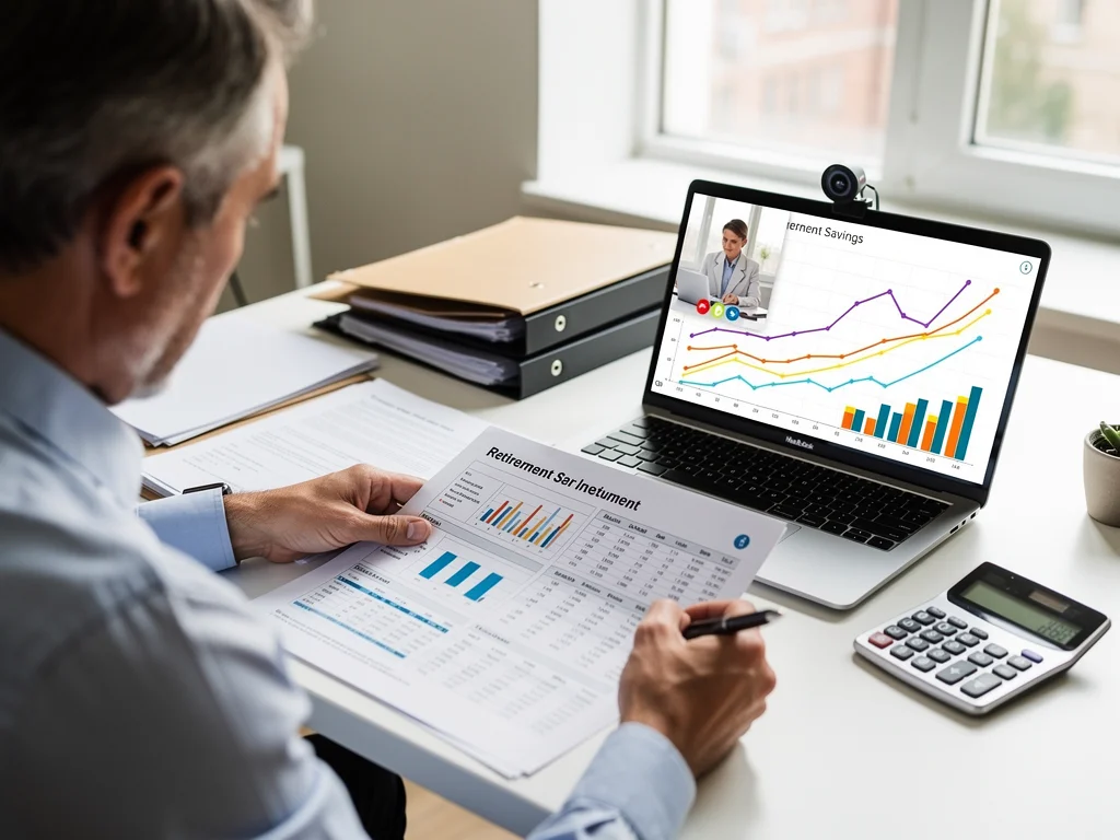 Individual reviewing financial documents for 2026 retirement benefits with a laptop