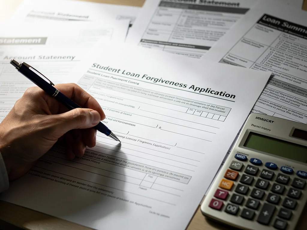 Hand filling out student loan forgiveness application form.