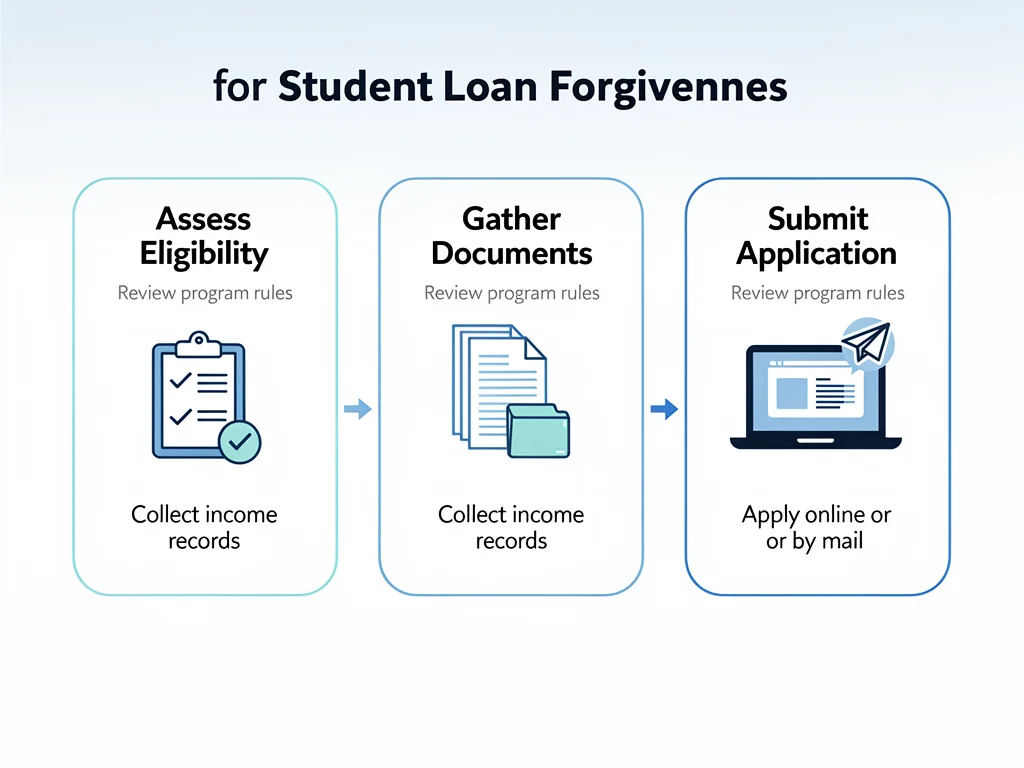 Infographic showing a 3-step application process for student loan forgiveness