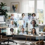 Professionals collaborating remotely in a futuristic, interconnected digital workspace.