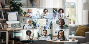 Professionals collaborating remotely in a futuristic, interconnected digital workspace.