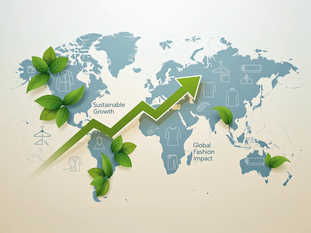 Upward growth arrow over world map with green leaves, sustainable market expansion