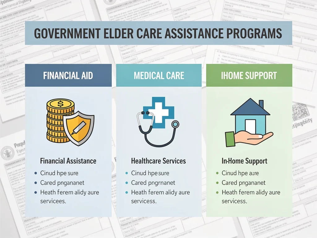 Infographic detailing government elder care assistance programs and their eligibility requirements.
