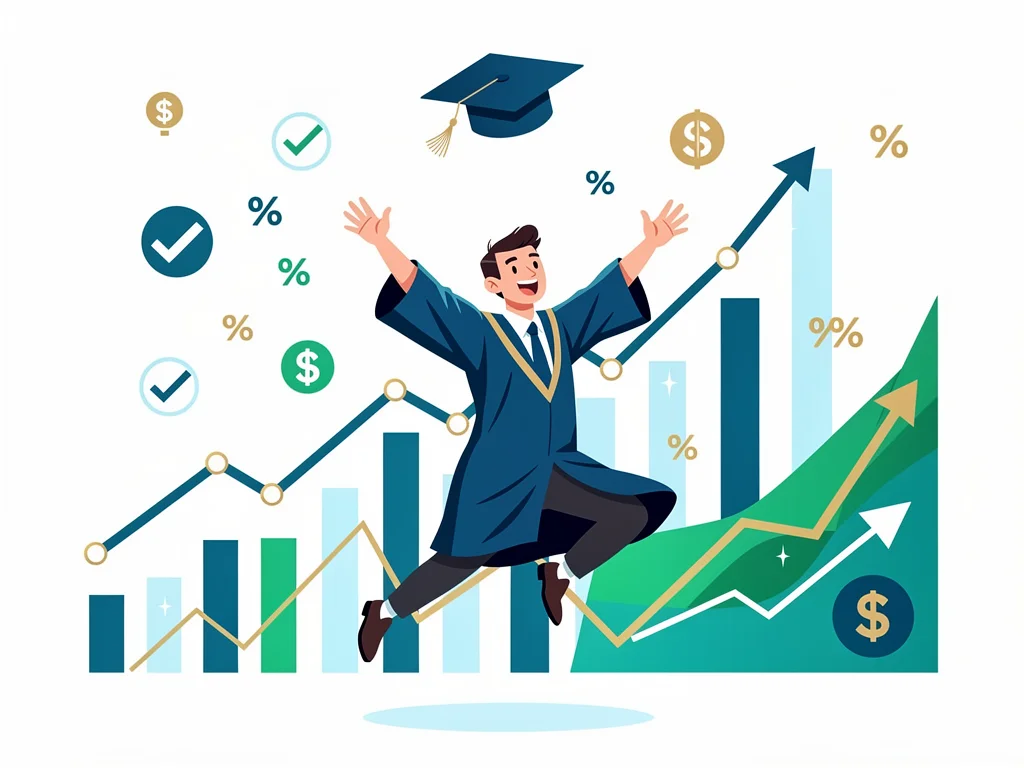 Graduated student celebrating with financial charts, symbolizing loan forgiveness