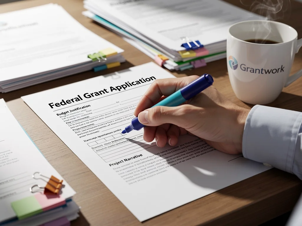 Hand highlighting crucial details on a federal grant application.