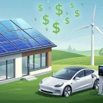 Illustration of solar panels, wind turbine, and electric car symbolizing green energy tax credits