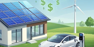 Illustration of solar panels, wind turbine, and electric car symbolizing green energy tax credits